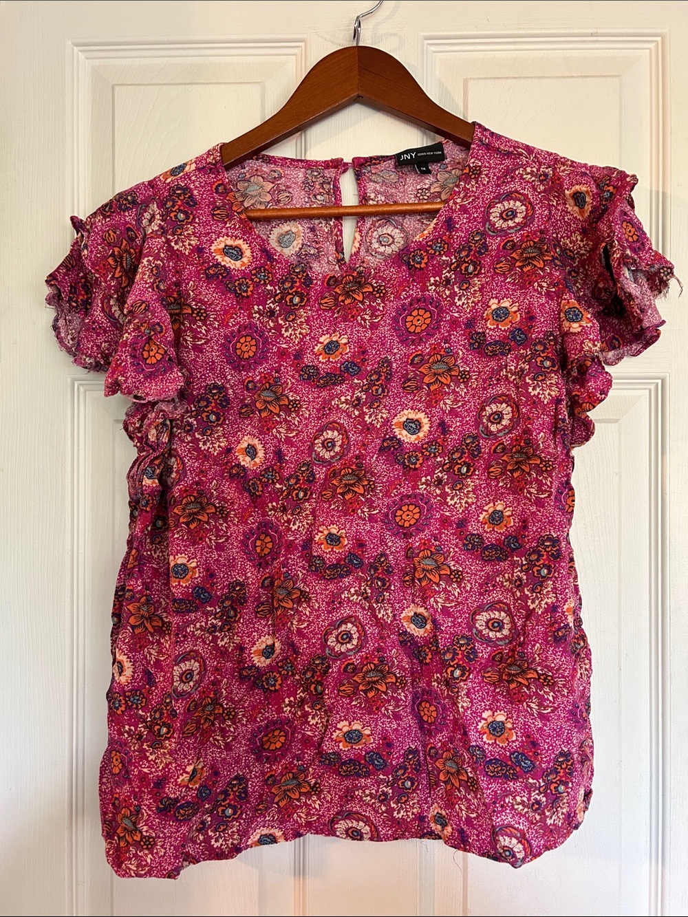 Jones NY Fuchsia Floral Multi Ruffle Sleeve Top